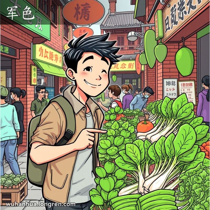 一位年轻的武汉市民在街边市场中，指着绿油油的蔬菜，脸上带着满意的笑容，背景是武汉老街景