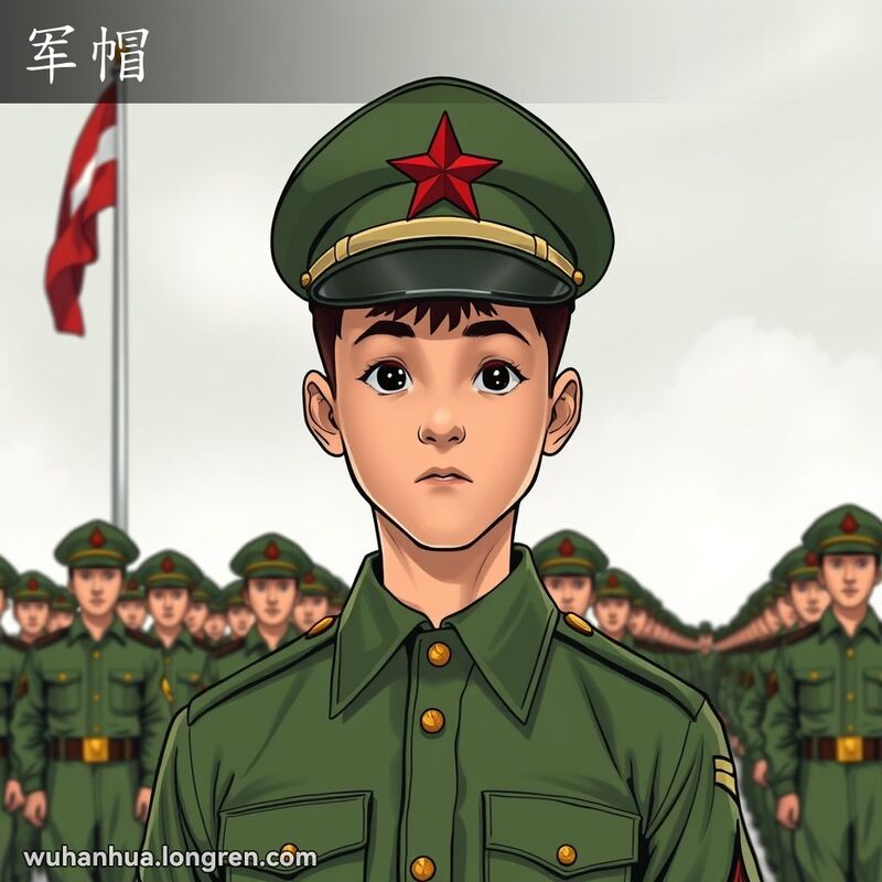 一位年轻士兵戴着军帽站在军事操场上，背景有其他士兵和国旗