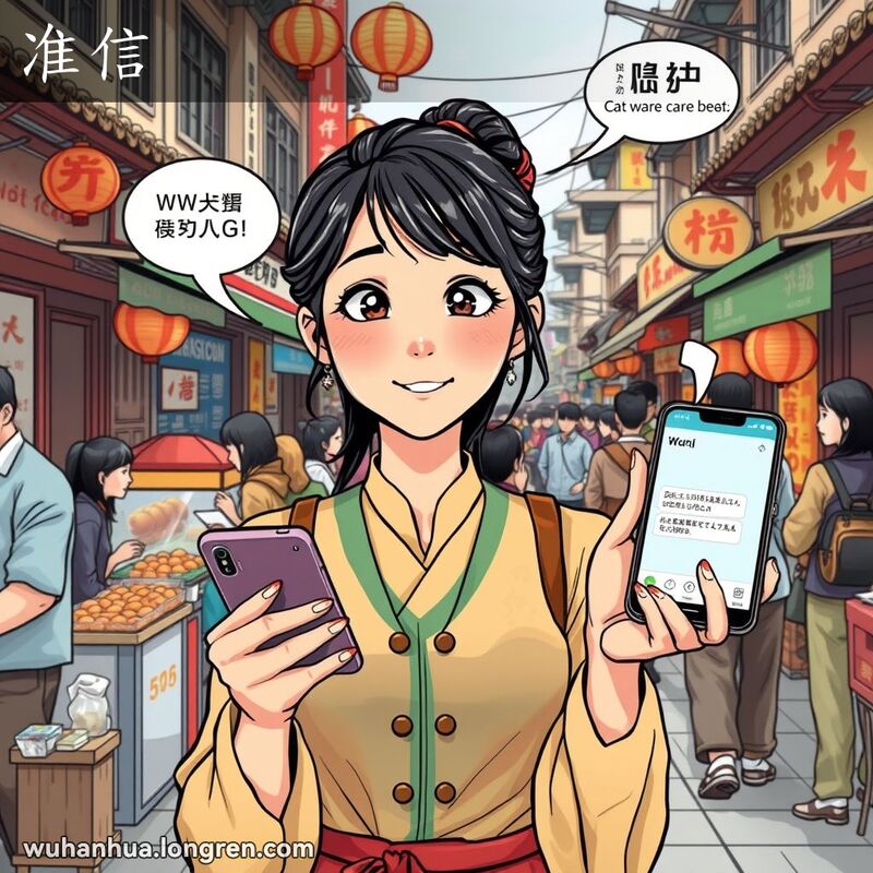 一位年轻女子在武汉街市中手持智能手机，焦急等待准确消息，背景是老街景和小摊贩