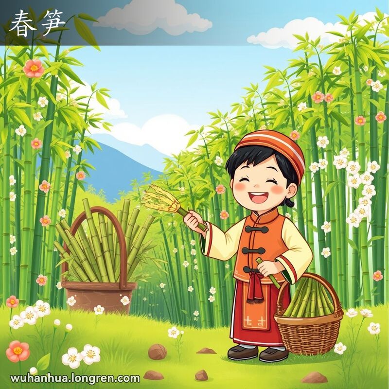 春天的竹林中，一位武汉市民手持春笋，旁边放着一篮子春笋，背景是繁花盛开的春天景色