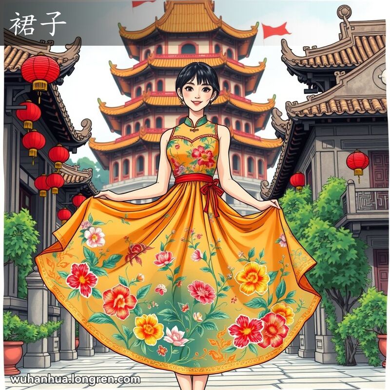 一位年轻女子穿着传统中式裙子，站在武汉黄鹤楼前，背景有传统建筑和红灯笼。