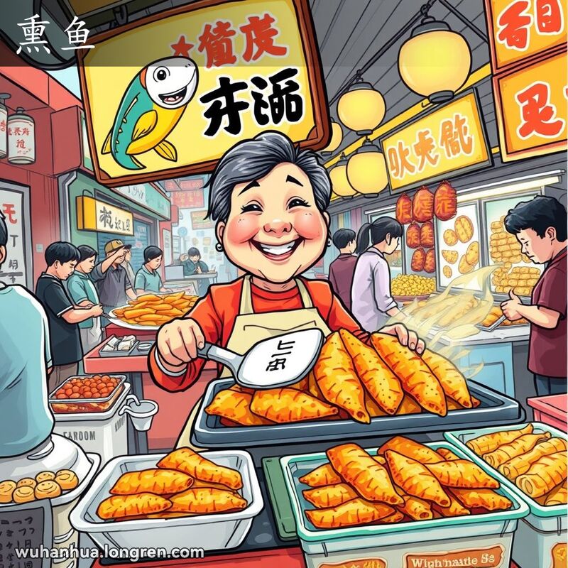 武汉街头市场，熏鱼摊位前，摊主微笑着展示刚炸好的鱼块，背景有其他小吃摊位