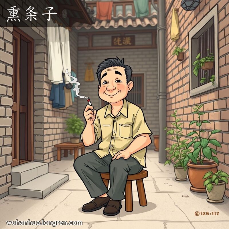 一位中年武汉男子坐在老房子前的小木凳上，手持一支细长的卷烟，背景是武汉老巷子。