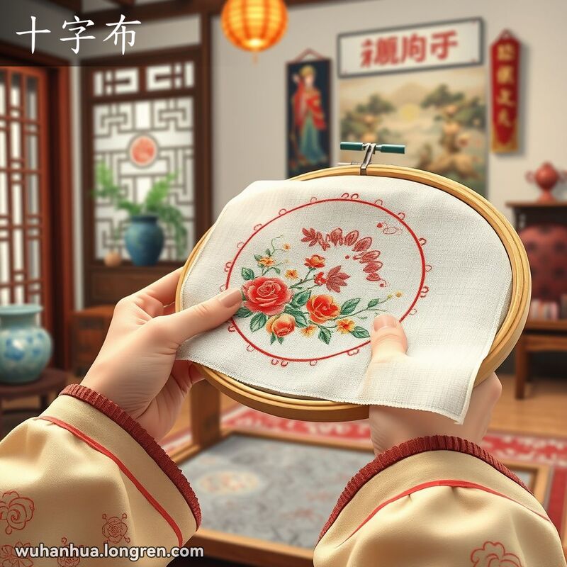 一位穿着传统中国服饰的女性在房间里刺绣，手中拿着带有十字纹的布料和针线。