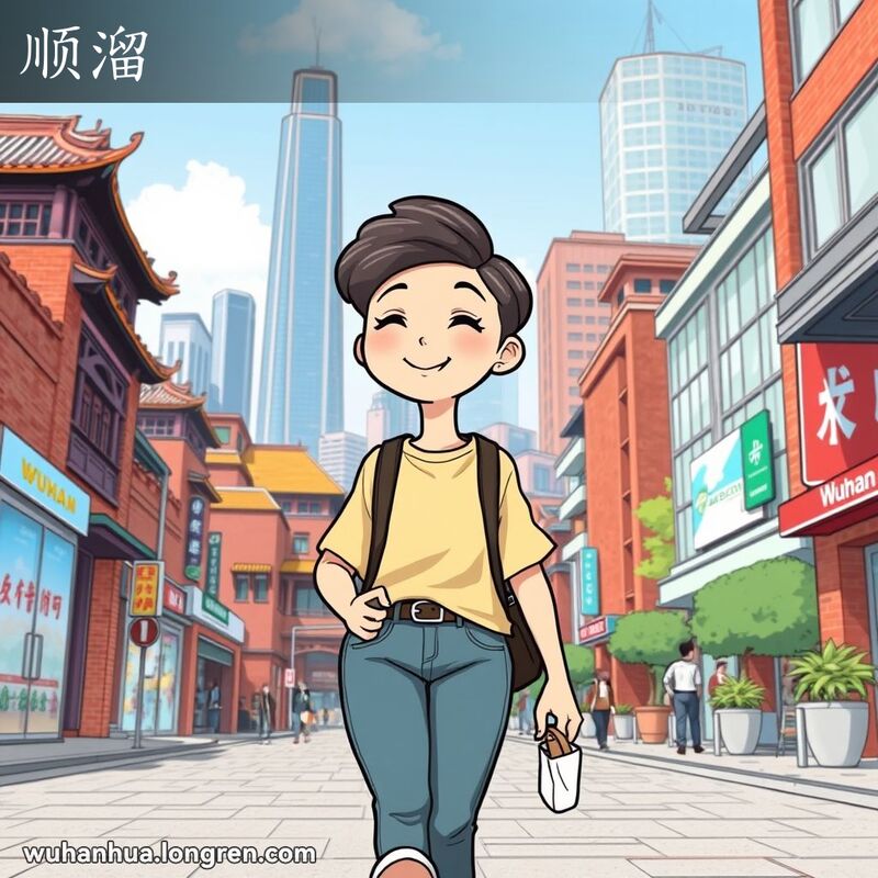 一位年轻的武汉市民在繁忙的街道上漫步，脸上带着自信和轻松的微笑，手里拿着一个小包，背景是武汉的老旧红砖墙和现代高楼大厦。