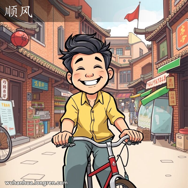 一位武汉男子骑自行车迎风而行，脸上带着笑容，背景是武汉老街景