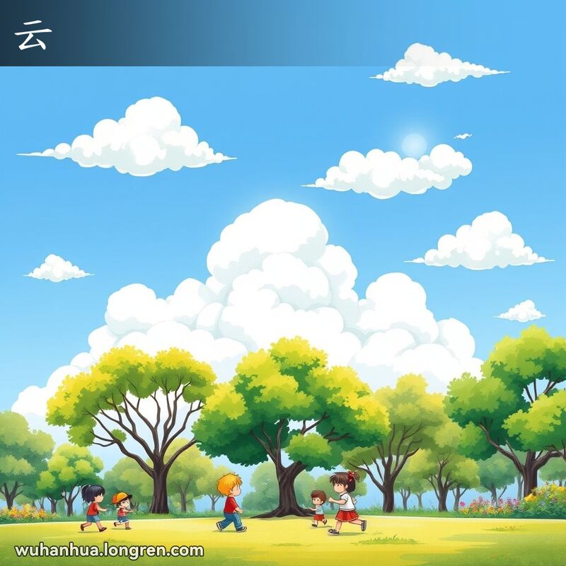 阳光明媚的日子，天空中飘着几朵洁白的云朵，部分遮住了太阳但没有完全挡住阳光，孩子们在公园里嬉戏。