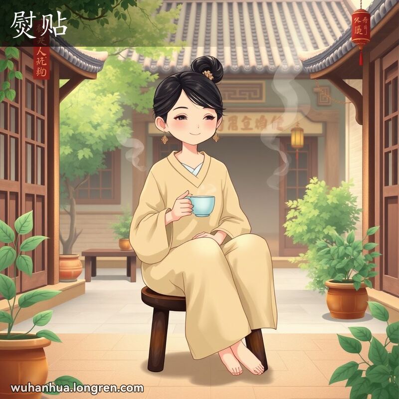 一位年轻女子坐在武汉传统庭院的木凳上，手捧热茶，面露“熨贴”的表情，背景是绿意盎然的庭院和古色古香的建筑