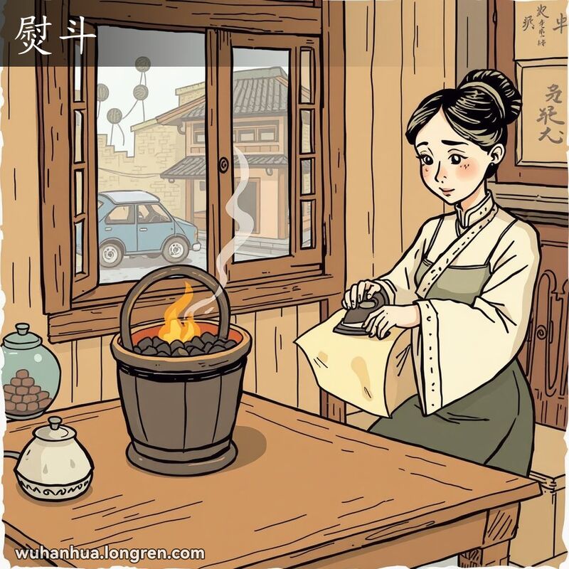 一位妇女在旧时武汉家庭中用形状像斗的老式熨斗熨烫衣物，背景是武汉街景