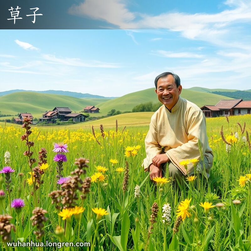 一片绿意盎然的田野，田野中生长着紫云英、黄花苜蓿和苕子等绿肥作物，一位武汉农民正弯腰检查这些植物，脸上带着满意的微笑。