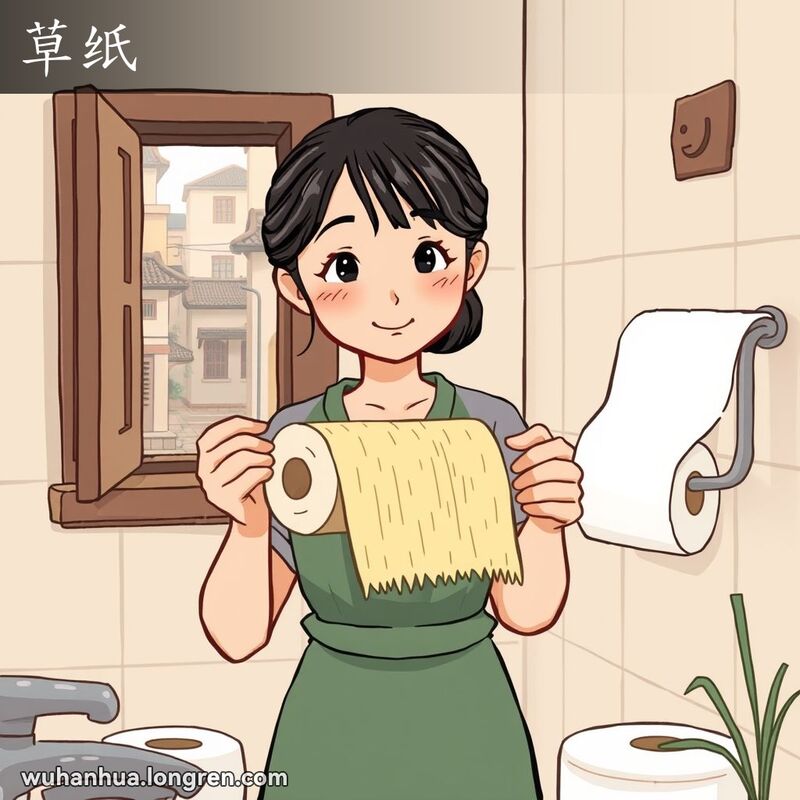 一位女性在传统武汉家庭卫生间中手持草纸，背景是武汉巷子景象