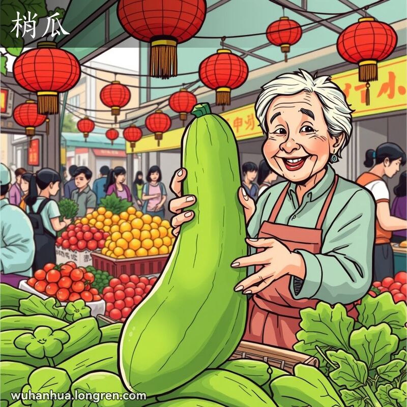 武汉菜市场摊位上，老妇人展示新鲜的黄瓜，背景有其他蔬菜和红灯笼