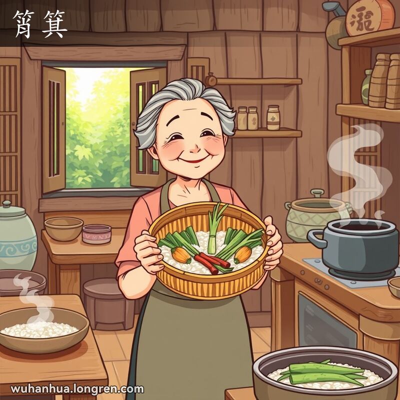 一位武汉老妇人在厨房中手持竹制筲箕，筲箕中装满蔬菜，背景是木质桌子和绿色花园