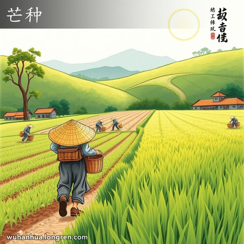 武汉农村初夏景象，农民戴草帽挎种子篮子走向田地，背景其他农民播种，阳光明媚。