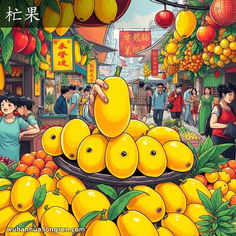 武汉街头市场的水果摊，摊贩手持黄色芒果，背景有其他水果和顾客。