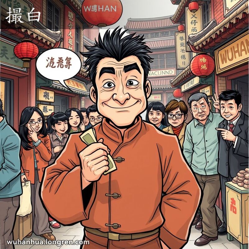 一位穿着传统中式服装的男子在武汉市场中手持钱袋，脸带狡猾笑容，背景中一群人在窃窃私语并指向他。