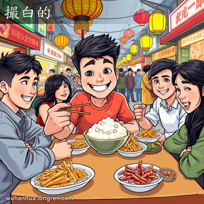 一群朋友在武汉街头小吃市场围坐，一个年轻男子手持筷子指着白米饭，脸上带着调皮的笑容，背景是热闹的街头小吃摊。