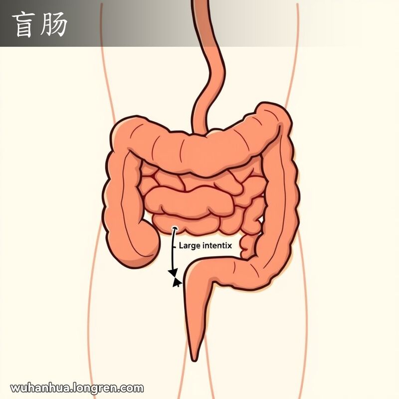 人体消化系统大肠部分的解剖图，突出显示大肠的一段和下端的阑尾，风格幽默夸张