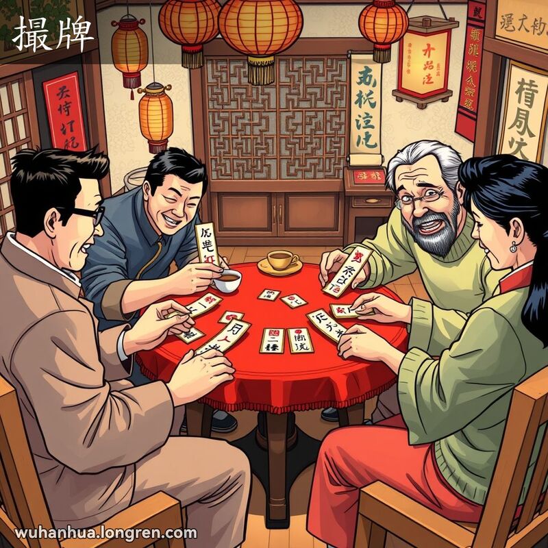 四位玩家在武汉茶馆内围坐玩撮牌游戏，桌上有长条形纸牌和茶杯小吃，背景有灯笼和书法挂轴