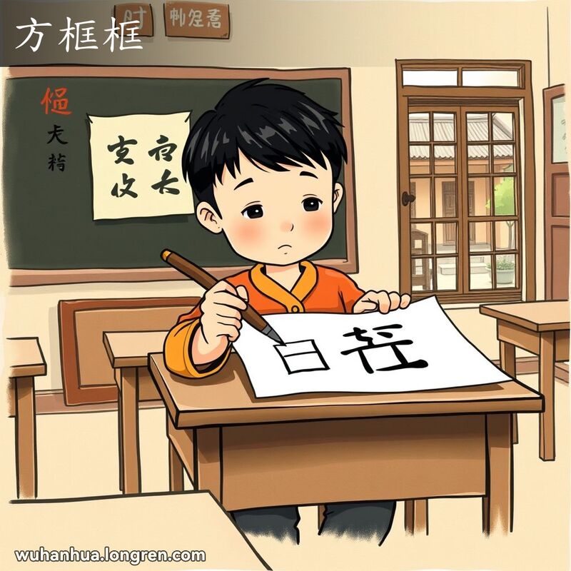 一位学生在传统教室里用毛笔描绘汉字“方”的四个偏旁部分，形成“方框框”的结构，背景是中国庭院景观