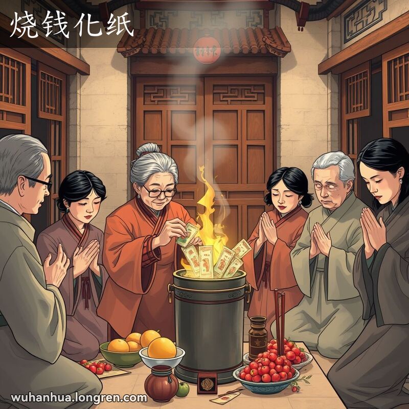 一个武汉家庭在庭院中进行烧钱化纸的仪式，年长妇女将纸钱放入燃烧的金属桶中，家人围绕在旁，背景有祭坛和香烛。