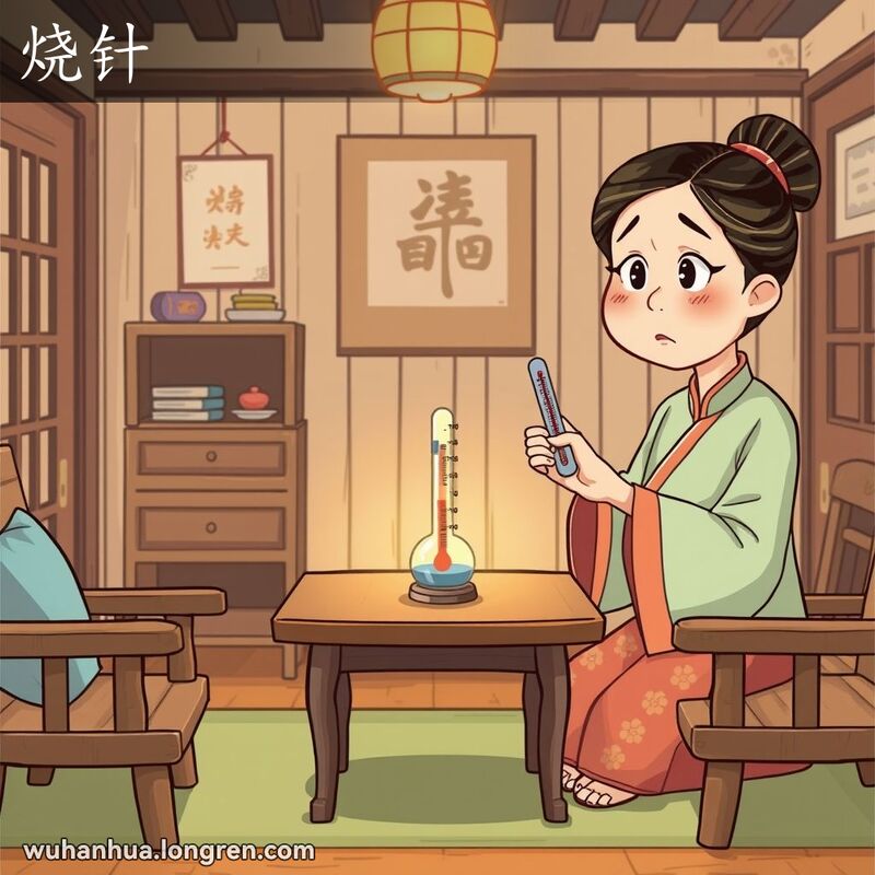 一位母亲在传统武汉家庭场景中拿着老式体温计，表情忧虑，背景温馨乡村氛围