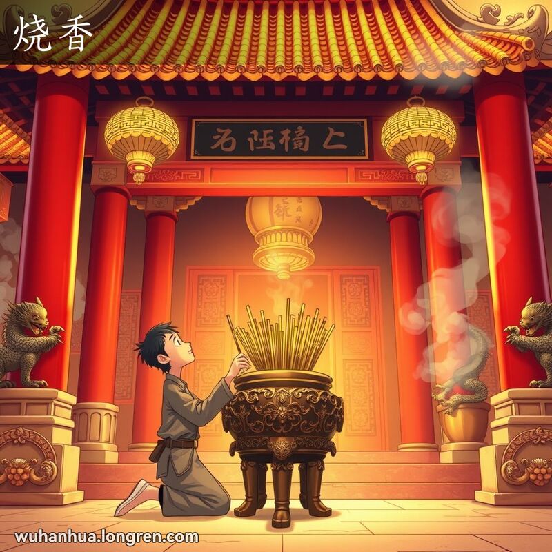 一位武汉市民在寺庙前虔诚地烧香，背景是装饰精美的寺庙
