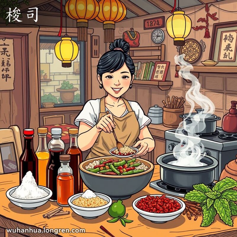 一位武汉妇女在厨房中调制酱料，背景是温馨的家庭氛围