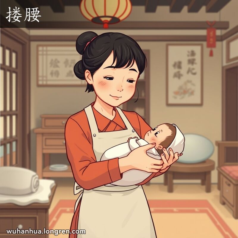 一位接生婆在产房中小心翼翼地抱着新生儿，背景是温馨的产房