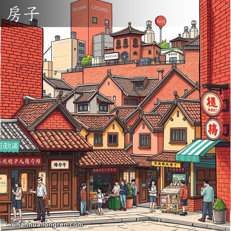 武汉老街上一排传统房子，背景有小摊贩和行人，画面生动。