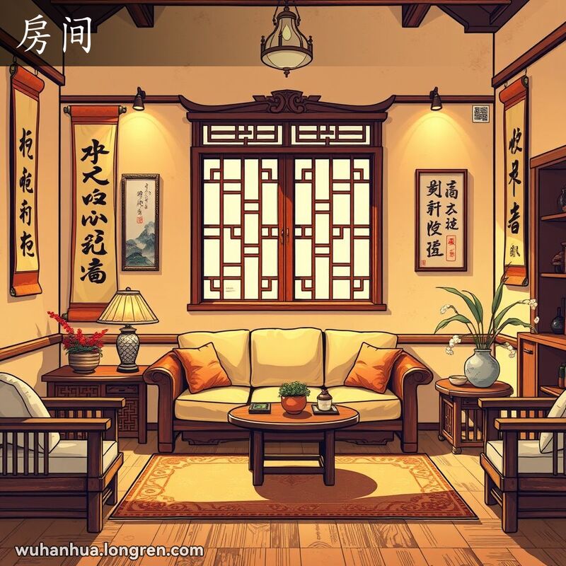 一个温馨的武汉风格客厅，木质家具和装饰品反映了当地文化，房间暖色调灯光照明，中央摆放着舒适的沙发和小茶几，墙上挂着书法和绘画的挂轴，增添了一份优雅。