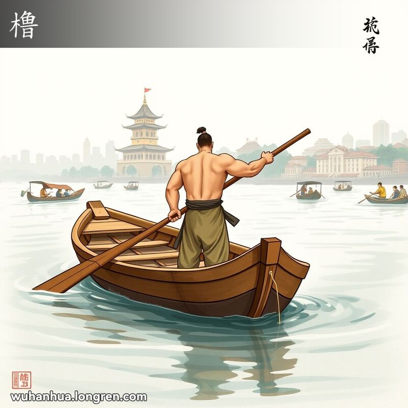 一艘传统木船在长江武汉段航行，船上有一支大橹，一位壮汉用力摇动橹推动船只前进，背景是黄鹤楼和武汉城市景观