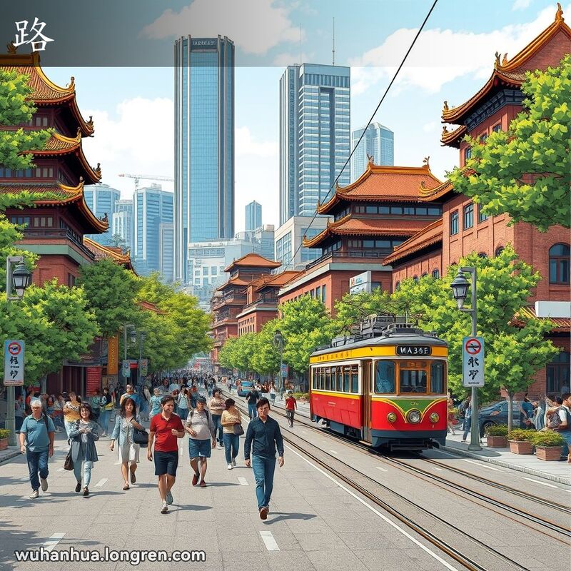 武汉市繁忙街道，行人和车辆在宽阔的马路上来来往往，背景有老式有轨电车和老旧建筑