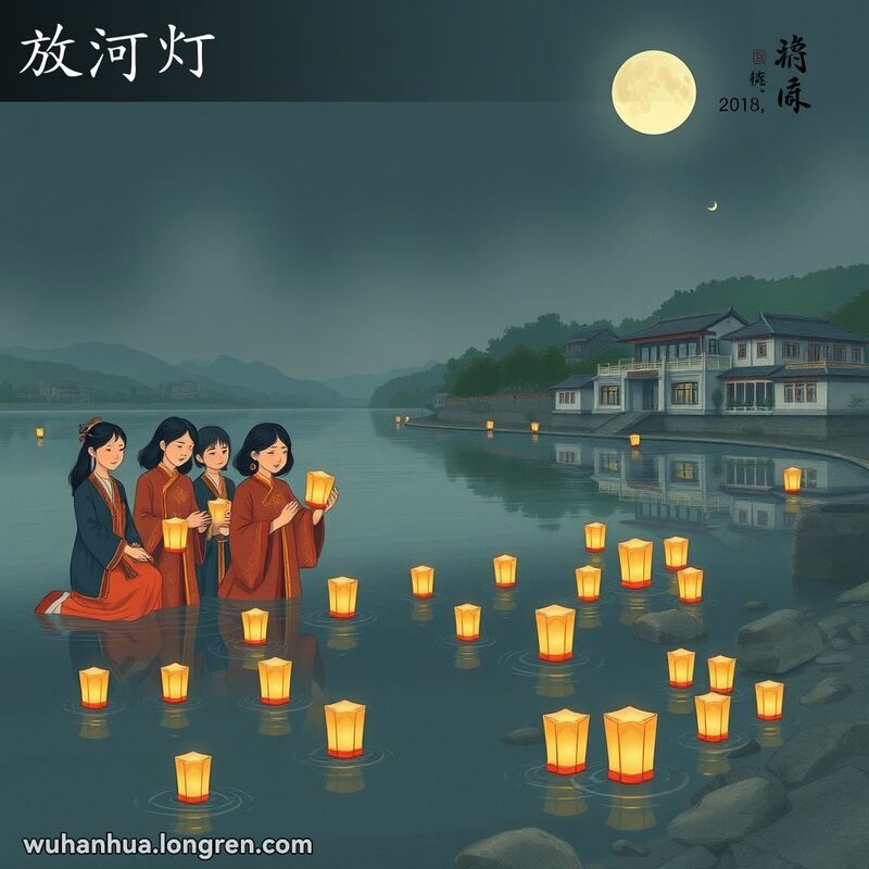 武汉市民在襄河边放河灯，灯光在水面摇曳，背景是传统建筑和植被