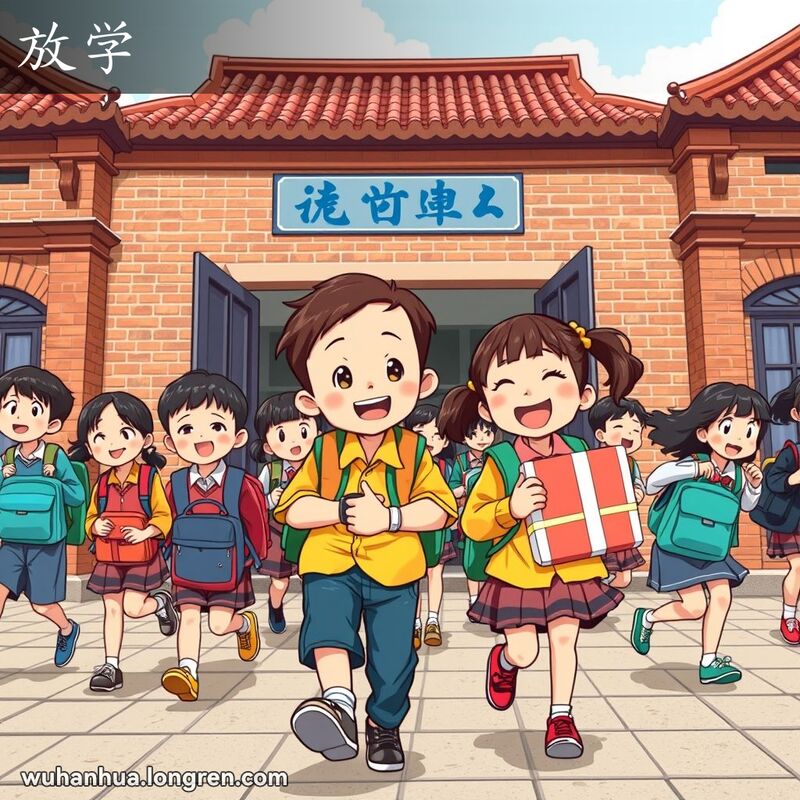 一群穿着校服的学生走出校门，手持书包和饭盒，脸上洋溢着放学后的喜悦和轻松。