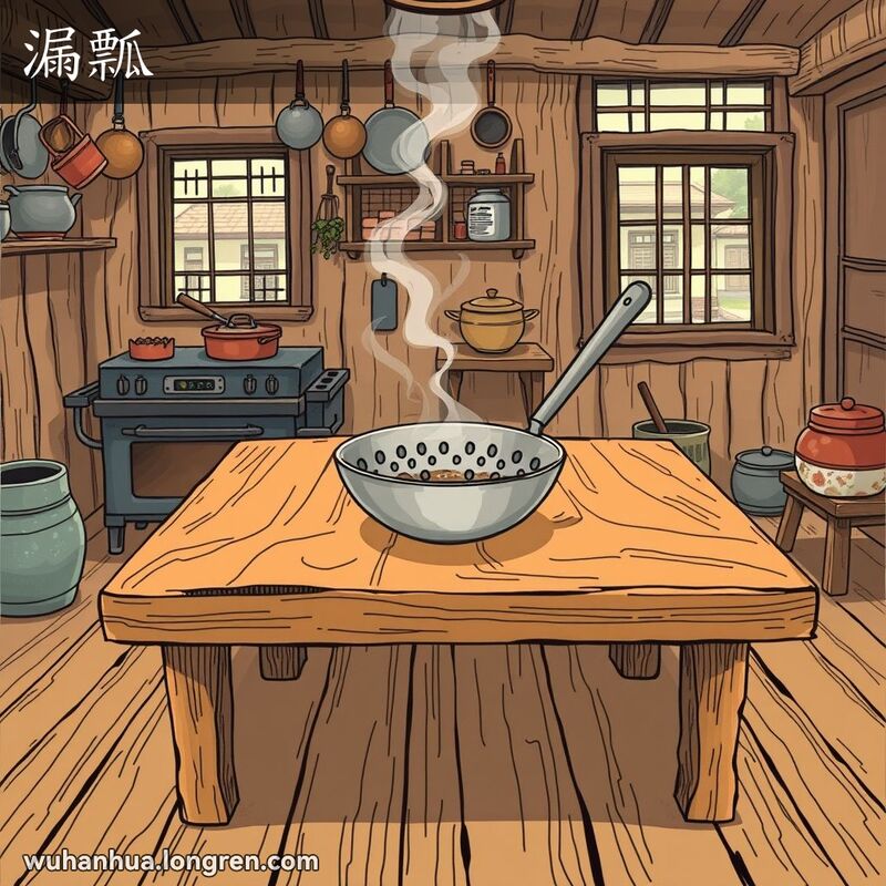 传统武汉厨房中的漏勺，背景有炉灶和老街景象