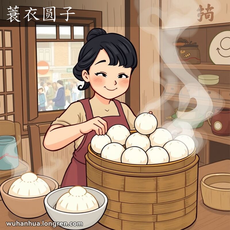 一位武汉妇女在厨房中将蓑衣圆子放入蒸笼，背景是武汉街景