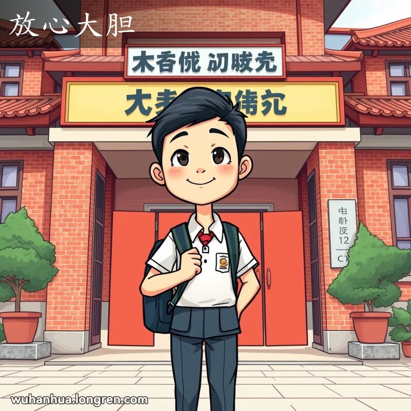 一位武汉学生站在学校门口，背着书包，神情坚定，准备参加考试，体现了“放心大胆”的表情。