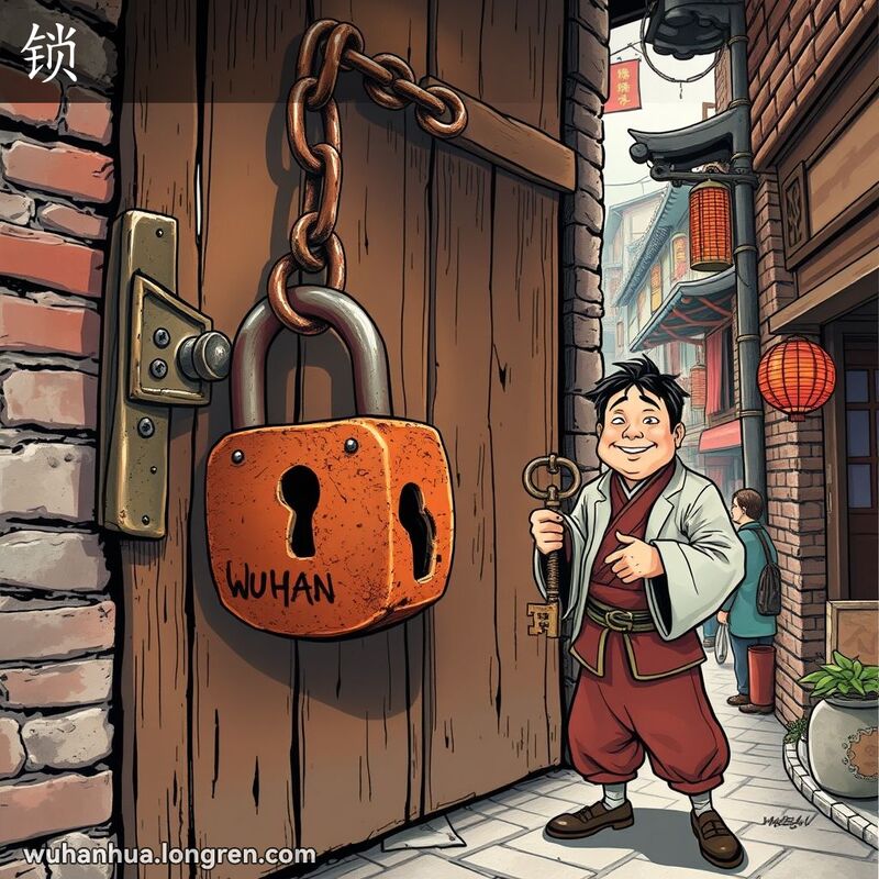 一条传统的武汉小巷，木门上挂着一把大而生锈的金属锁，一位男子手拿钥匙准备打开锁。