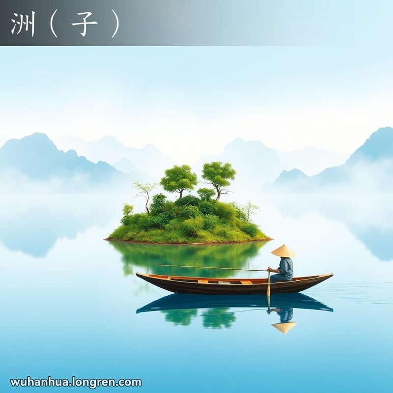 一条宁静的河流中央有一座绿树成荫的小岛，一艘木船飘在附近，船上有一位戴草帽的渔夫。