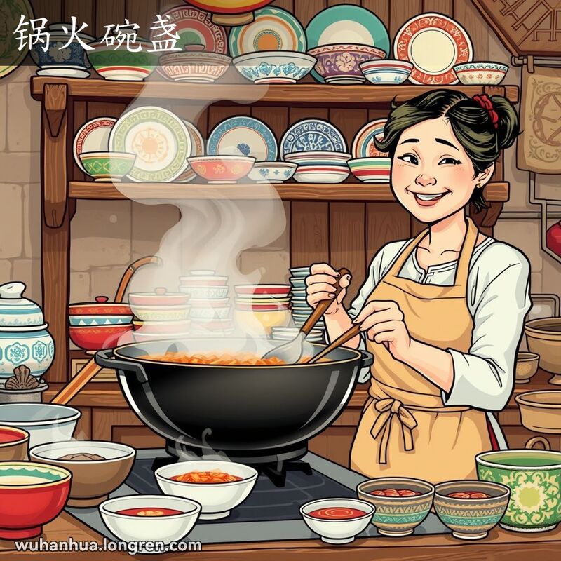 一位妇女在传统武汉厨房中烹饪，周围摆放着各种炊具和碗盏，背景是温馨的厨房场景