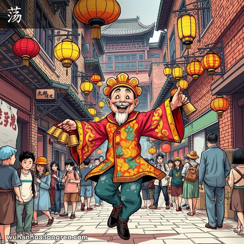 一位武汉街头艺人手持铃铛，热情摇动吸引路人，背景是武汉老街景