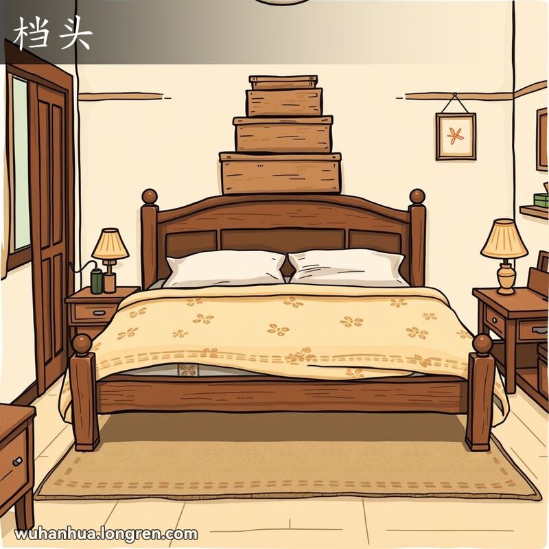 一个温馨的卧室，床的一端堆放着几个木箱子，突出了“档头”的概念。