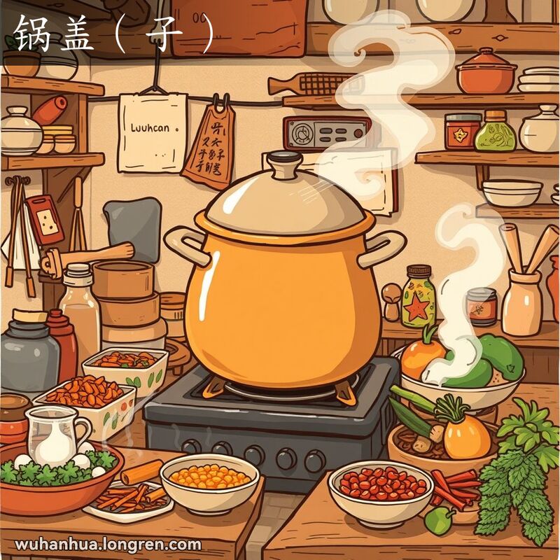 一个传统武汉家庭的厨房，大锅上盖着一个圆形的金属锅盖，背景有木质桌子和各种炊具。