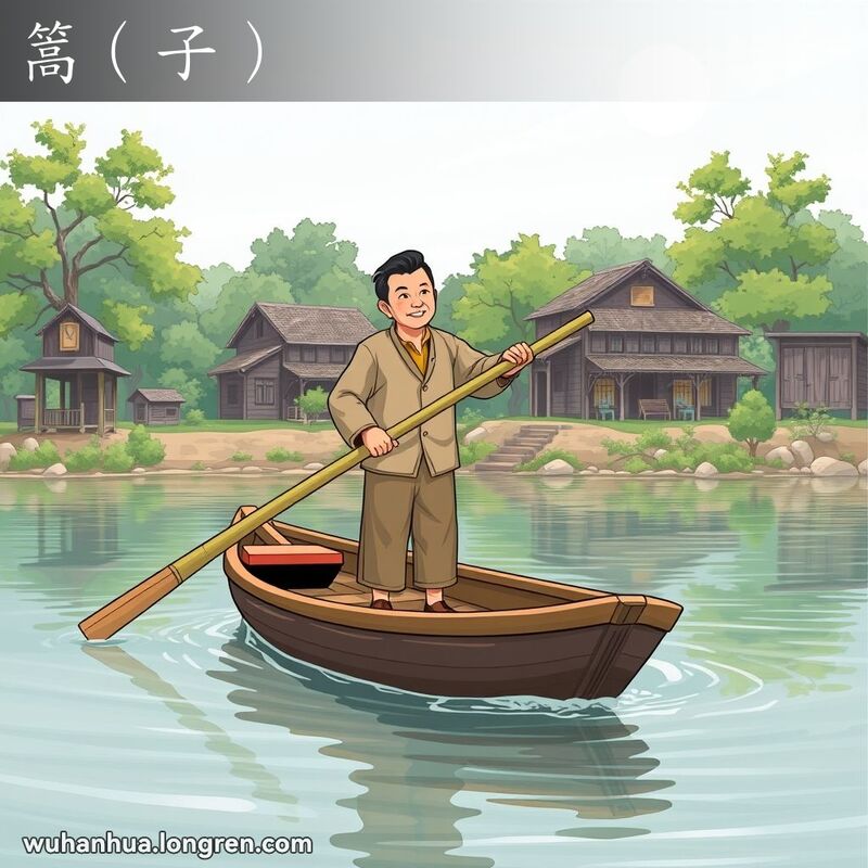 一位武汉男子在小木船上用竹竿撑船，背景是宁静的河岸和老旧的木屋