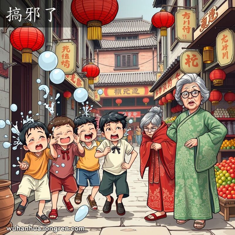一群孩子在武汉巷子里捣蛋，旁边的老妇人露出不满的表情，背景是热闹的老街景