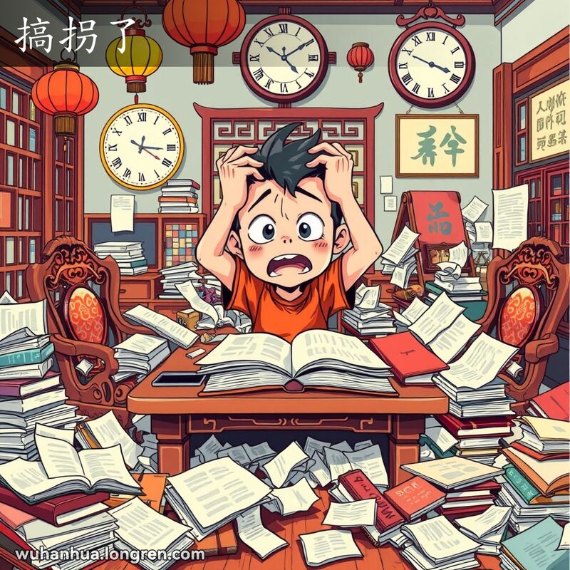 一位学生在凌乱的房间里，桌子上堆满了书籍和笔记，脸上露出懊恼和失望的表情，双手抱头，背景是凌乱的房间和墙上的钟表。