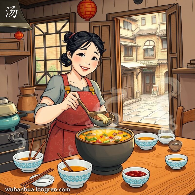 一位妇女在厨房里用大勺舀汤，背景是温馨的家庭场景和武汉老街风景