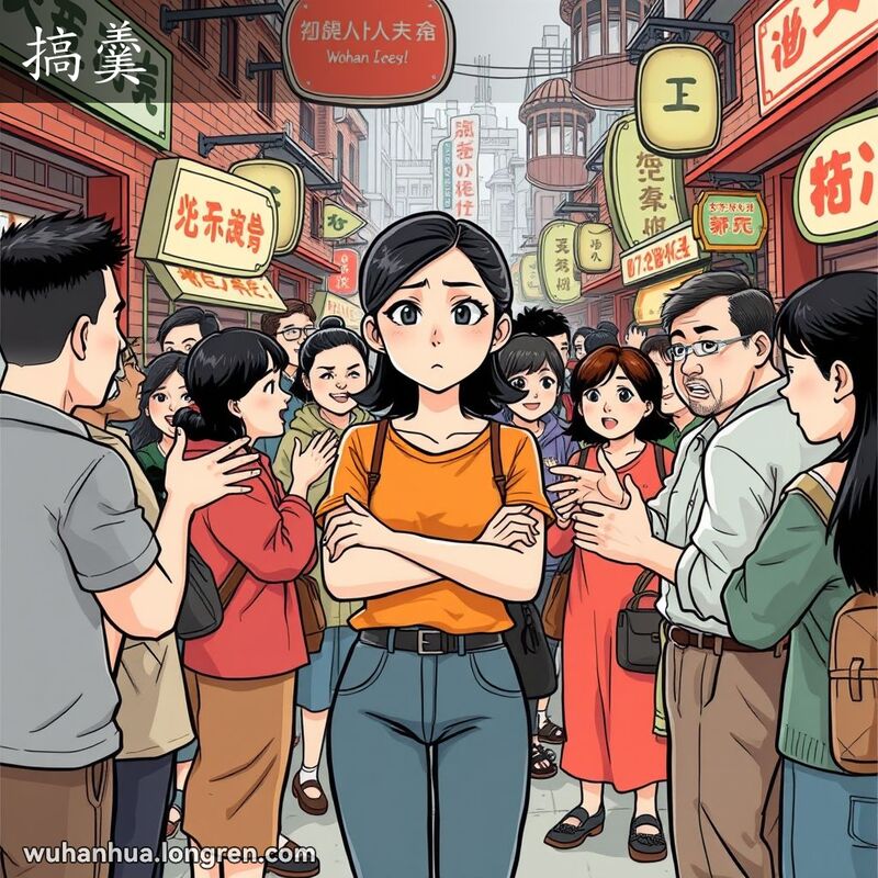 一位年轻女子在武汉街头市场中，周围几人激烈讨论，她露出不耐烦的表情，背景是热闹的武汉老街景