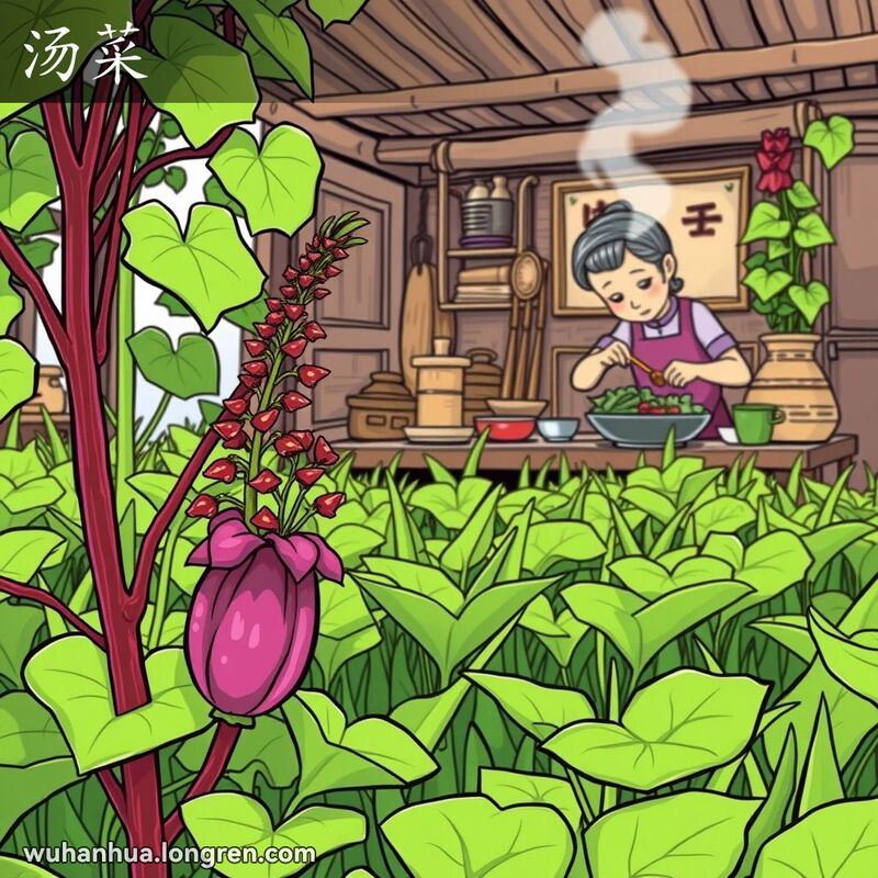 绿色田野中的汤菜植物，紫红色茎，心形叶，红色小花，背景是武汉厨房，妇女在做菜。